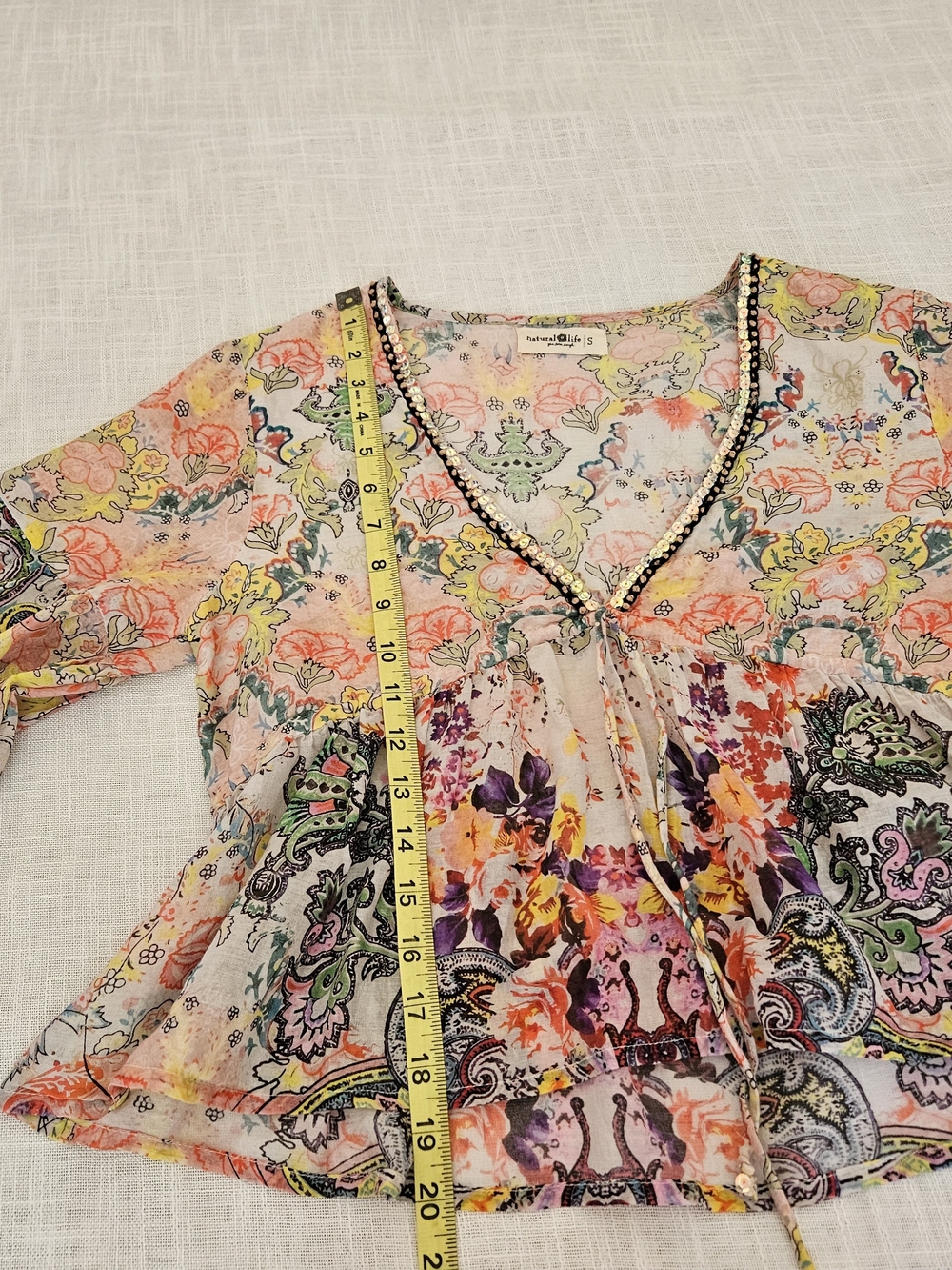 Natural Life Boho Floral Paisley Peplum Blouse S Cotton V-Neck Sequin Trim Bell - Picture 13 of 15